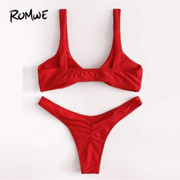 Planet Gates Sport Knot High Leg Bikini Set 2018 Summer Beach Sexy Swimwear Women Red Plain V-neck Slim Bikinis With Chest Pad