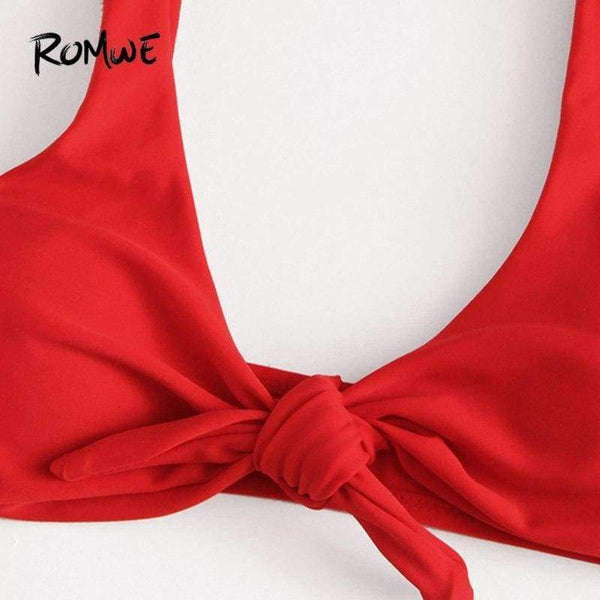 Planet Gates Sport Knot High Leg Bikini Set 2018 Summer Beach Sexy Swimwear Women Red Plain V-neck Slim Bikinis With Chest Pad