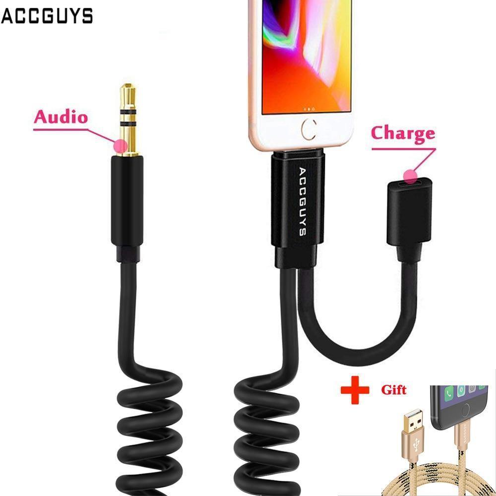 Planet Gates Spring Aux Adapter Cord for iPhone X 8 Plus 2 in 1 Lighting to 3.5mm Car Audio Extension Converter Cable Support IOS 11