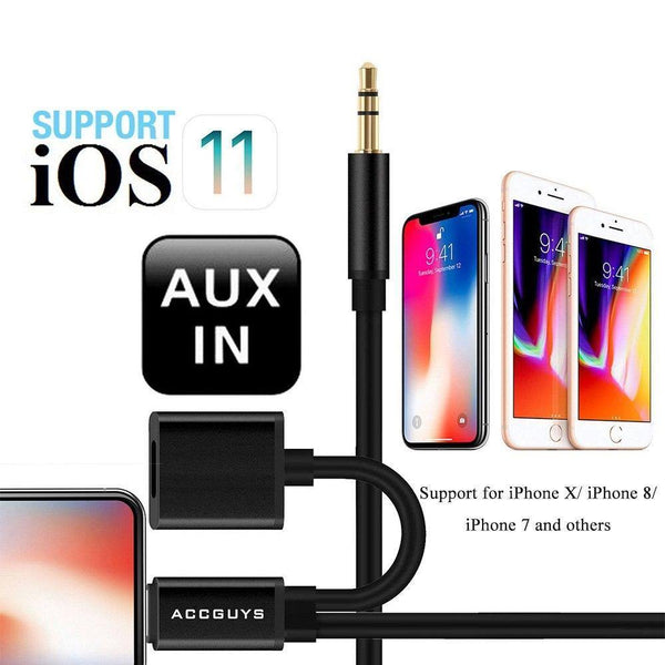 Planet Gates Spring Aux Adapter Cord for iPhone X 8 Plus 2 in 1 Lighting to 3.5mm Car Audio Extension Converter Cable Support IOS 11