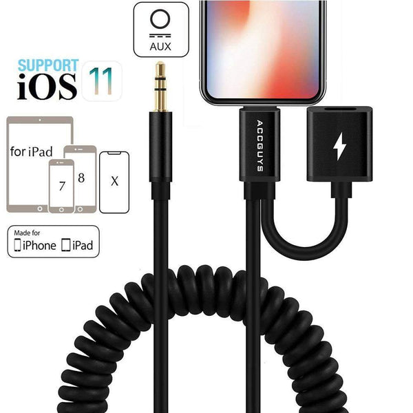 Planet Gates Spring Aux Adapter Cord for iPhone X 8 Plus 2 in 1 Lighting to 3.5mm Car Audio Extension Converter Cable Support IOS 11