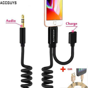 Planet Gates Spring Aux Adapter Cord for iPhone X 8 Plus 2 in 1 Lighting to 3.5mm Car Audio Extension Converter Cable Support IOS 11