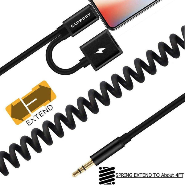 Planet Gates Spring Aux Adapter Cord for iPhone X 8 Plus 2 in 1 Lighting to 3.5mm Car Audio Extension Converter Cable Support IOS 11