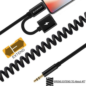 Planet Gates Spring Aux Adapter Cord for iPhone X 8 Plus 2 in 1 Lighting to 3.5mm Car Audio Extension Converter Cable Support IOS 11