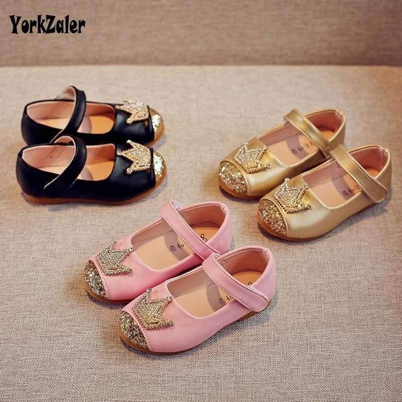 Planet Gates Spring Kids princes Shoes For Girls Children Girl Wedding Shoe Gold Black Crown Sequins Baby Waterproof Footwear