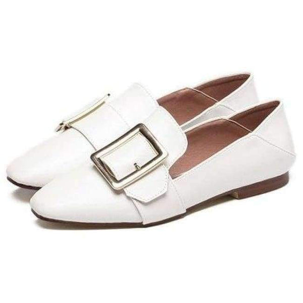 Planet Gates Square buckle  white / 6 Women Flats Faux Genuine Leather Shoes Ladies Loafers Comfortable  Slip-on Moccasins Casual Shoes Women Boat Square Toe nude