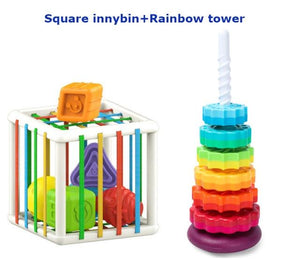 Planet Gates Square  RB tower Baby Shape Sorting Toy  motor skill tactile touch toy 10 months to 3 years  InnyBin soft cube montessori educational toys