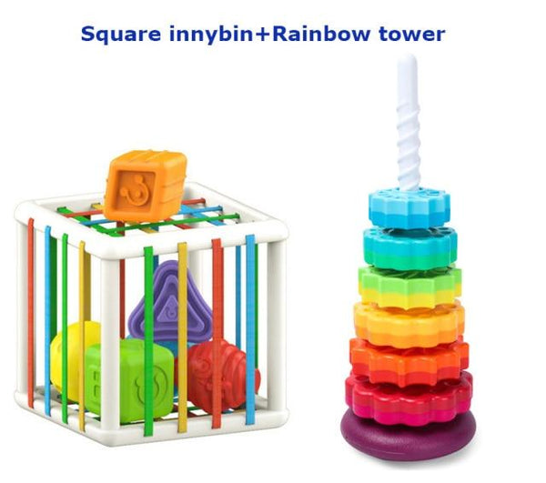 Planet Gates Square  RB tower Baby Shape Sorting Toy  motor skill tactile touch toy 10 months to 3 years  InnyBin soft cube montessori educational toys