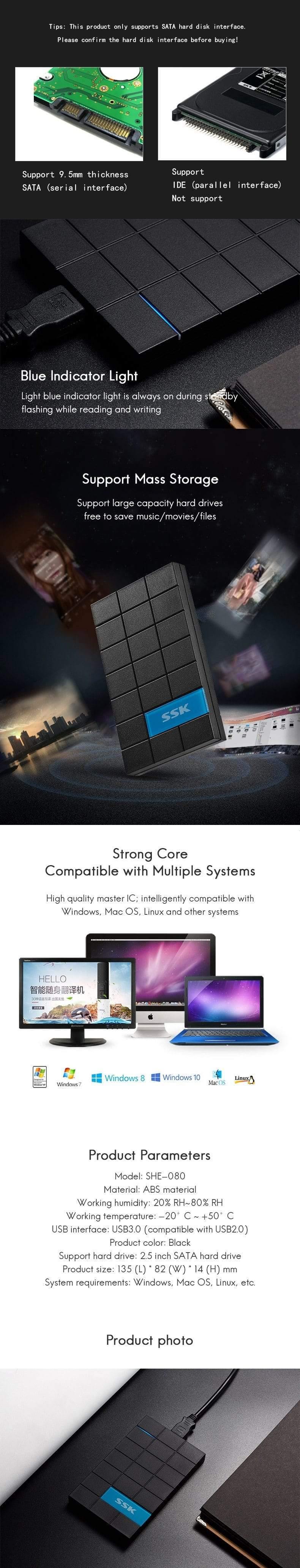 SSK HDD Case 2.5 Inch SATA to USB3.0 SSD HDD Enclosure Adapter for Type C Hard Disk Drive Box External HDD High Speed Black 080