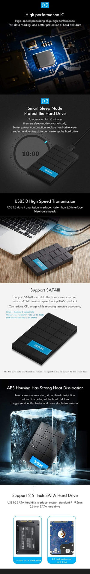 SSK HDD Case 2.5 Inch SATA to USB3.0 SSD HDD Enclosure Adapter for Type C Hard Disk Drive Box External HDD High Speed Black 080