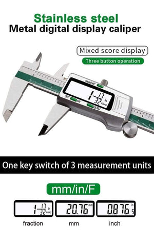 Planet Gates Stainless Steel Digital Caliper 150mm Fraction/mm/inch LCD Display Vernier Caliper High Precision Measuring Instrument Tool