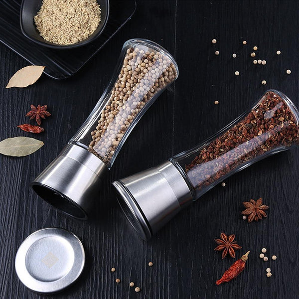 Stainless Steel Salt and Pepper Grinder Shakers Glass Body Spice Salt And Pepper Mill with Adjustable Ceramic Rotor