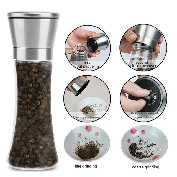 Stainless Steel Salt and Pepper Grinder Shakers Glass Body Spice Salt And Pepper Mill with Adjustable Ceramic Rotor