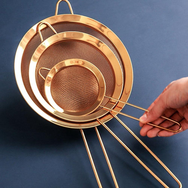 Stainless Steel Screen Mesh Strainer Kitchen Handheld Rose Gold Flour Sieve Cooking Oil Strainer colander Kitchen Accessories