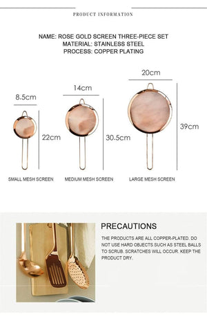 Stainless Steel Screen Mesh Strainer Kitchen Handheld Rose Gold Flour Sieve Cooking Oil Strainer colander Kitchen Accessories