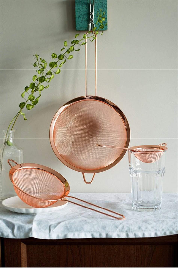 Stainless Steel Screen Mesh Strainer Kitchen Handheld Rose Gold Flour Sieve Cooking Oil Strainer colander Kitchen Accessories