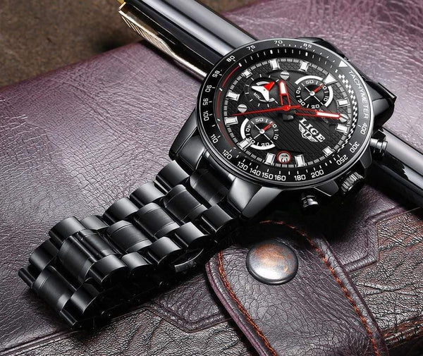 Planet Gates steel all black Men Watches Top Brand Luxury Full Steel Clock Sport Quartz Watch Men Business Waterproof Casual Watch Man Relogio Masculino