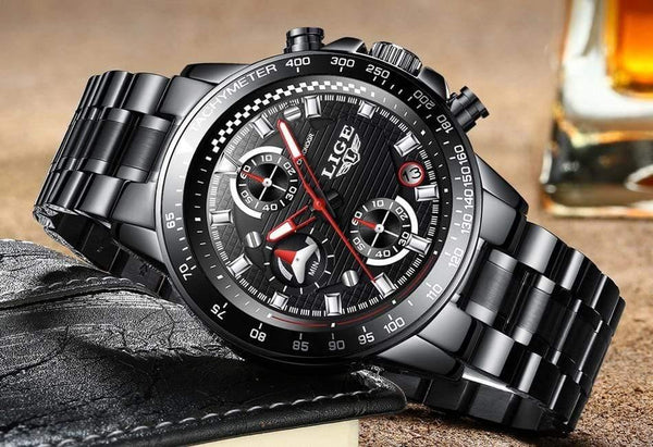 Planet Gates steel all black Men Watches Top Brand Luxury Full Steel Clock Sport Quartz Watch Men Business Waterproof Casual Watch Man Relogio Masculino