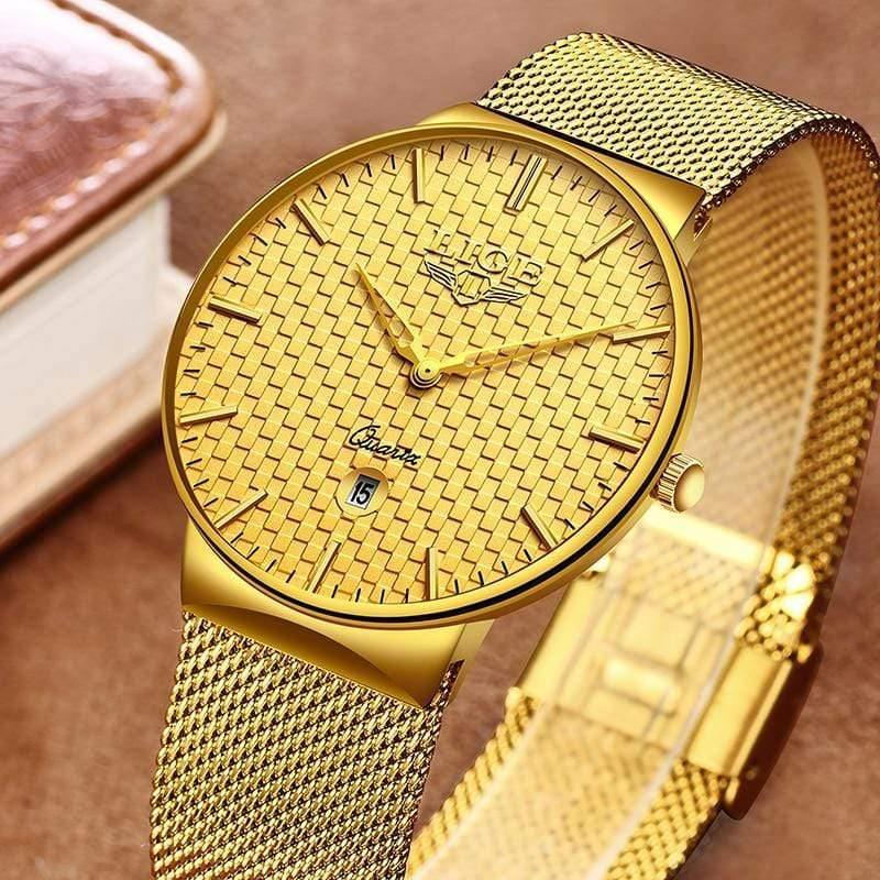 Planet Gates Steel all gold Mens Watches Top Brand Luxury Ultra Thin Quartz Watch Men Steel Mesh Strap Waterproof Gold Watch Relogio Masculino