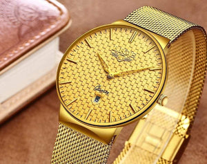 Planet Gates Steel all gold Mens Watches Top Brand Luxury Ultra Thin Quartz Watch Men Steel Mesh Strap Waterproof Gold Watch Relogio Masculino