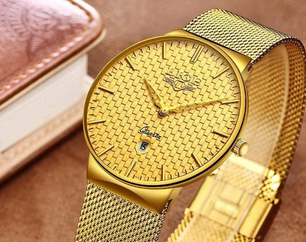 Planet Gates Steel all gold Mens Watches Top Brand Luxury Ultra Thin Quartz Watch Men Steel Mesh Strap Waterproof Gold Watch Relogio Masculino