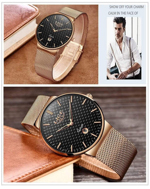 Planet Gates Steel all gold Mens Watches Top Brand Luxury Ultra Thin Quartz Watch Men Steel Mesh Strap Waterproof Gold Watch Relogio Masculino