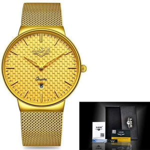 Planet Gates Steel all gold Mens Watches Top Brand Luxury Ultra Thin Quartz Watch Men Steel Mesh Strap Waterproof Gold Watch Relogio Masculino