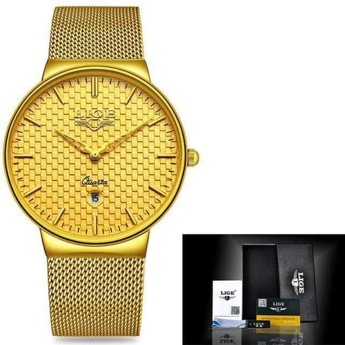 Planet Gates Steel all gold Mens Watches Top Brand Luxury Ultra Thin Quartz Watch Men Steel Mesh Strap Waterproof Gold Watch Relogio Masculino