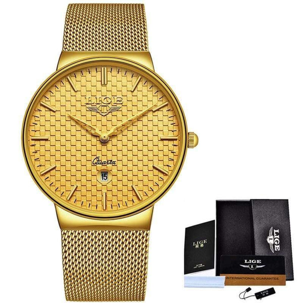 Planet Gates Steel all gold Mens Watches Top Brand Luxury Ultra Thin Quartz Watch Men Steel Mesh Strap Waterproof Gold Watch Relogio Masculino