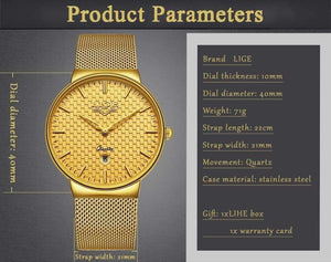 Planet Gates Steel all gold Mens Watches Top Brand Luxury Ultra Thin Quartz Watch Men Steel Mesh Strap Waterproof Gold Watch Relogio Masculino