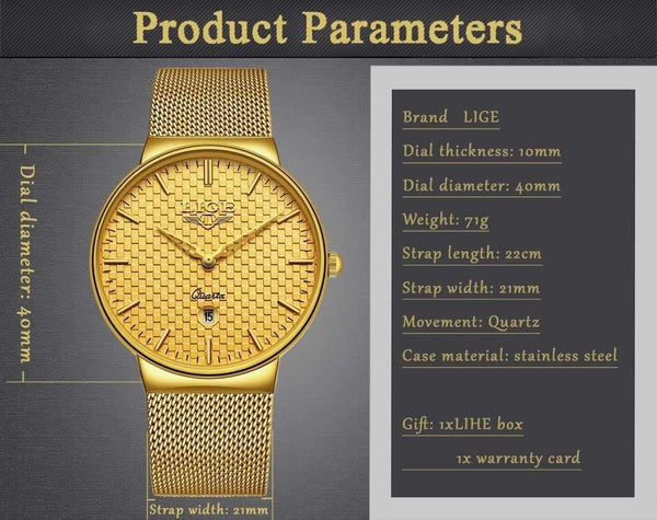 Planet Gates Steel all gold Mens Watches Top Brand Luxury Ultra Thin Quartz Watch Men Steel Mesh Strap Waterproof Gold Watch Relogio Masculino