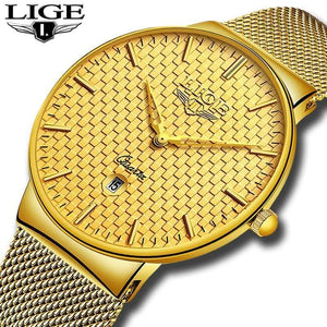 Planet Gates Steel all gold Mens Watches Top Brand Luxury Ultra Thin Quartz Watch Men Steel Mesh Strap Waterproof Gold Watch Relogio Masculino