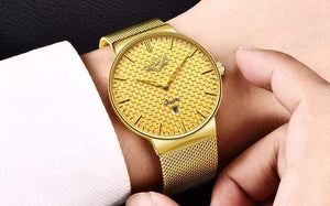 Planet Gates Steel all gold Mens Watches Top Brand Luxury Ultra Thin Quartz Watch Men Steel Mesh Strap Waterproof Gold Watch Relogio Masculino