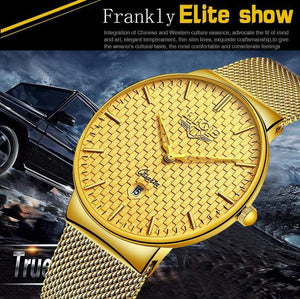 Planet Gates Steel all gold Mens Watches Top Brand Luxury Ultra Thin Quartz Watch Men Steel Mesh Strap Waterproof Gold Watch Relogio Masculino