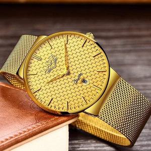 Planet Gates Steel all gold Mens Watches Top Brand Luxury Ultra Thin Quartz Watch Men Steel Mesh Strap Waterproof Gold Watch Relogio Masculino