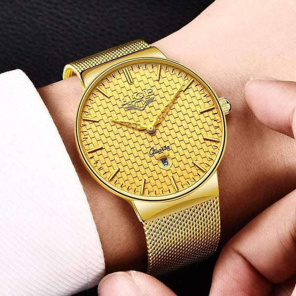 Planet Gates Steel all gold Mens Watches Top Brand Luxury Ultra Thin Quartz Watch Men Steel Mesh Strap Waterproof Gold Watch Relogio Masculino