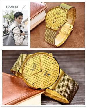 Planet Gates Steel all gold Mens Watches Top Brand Luxury Ultra Thin Quartz Watch Men Steel Mesh Strap Waterproof Gold Watch Relogio Masculino
