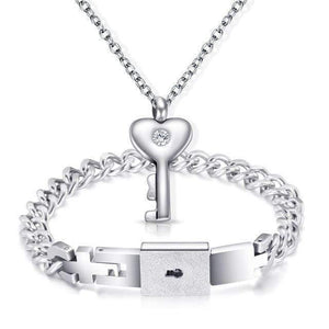 Planet Gates Steel Color Lovers Jewelry Love Heart Lock Bracelet Stainless Steel Bracelets Bangles Key Pendant Necklace Jewelry Dropshipping