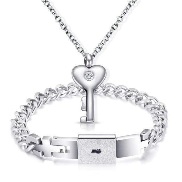 Planet Gates Steel Color Lovers Jewelry Love Heart Lock Bracelet Stainless Steel Bracelets Bangles Key Pendant Necklace Jewelry Dropshipping