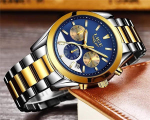 Planet Gates steel gold blue Mens Watches Top Brand Luxury Fashion Business Quartz Watch Men Waterproof Full steel Sport Watch