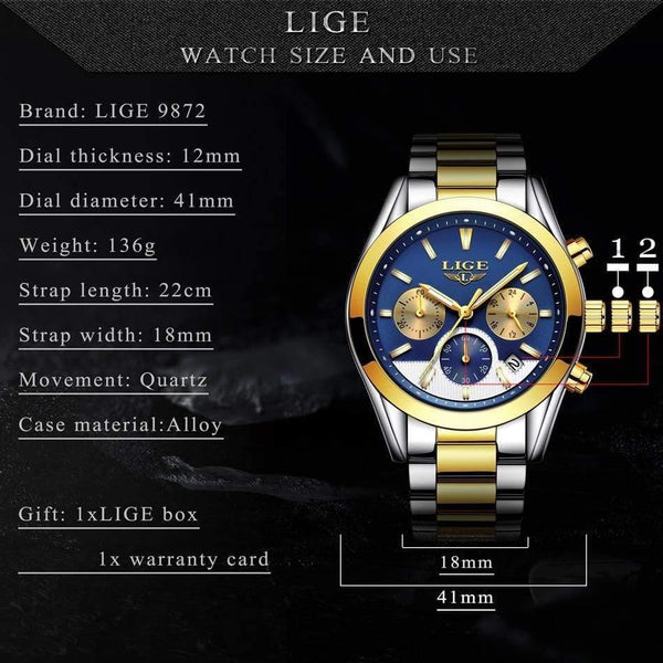 Planet Gates steel gold blue Mens Watches Top Brand Luxury Fashion Business Quartz Watch Men Waterproof Full steel Sport Watch