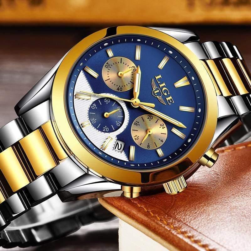 Planet Gates steel gold blue Mens Watches Top Brand Luxury Fashion Business Quartz Watch Men Waterproof Full steel Sport Watch