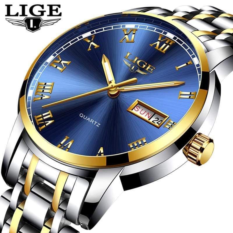 Planet Gates Steel Gold Blue Watch Men Fashion Sports Quartz Full Steel Gold Business Mens Watches Top Brand Luxury Waterproof Watch Relogio Masculino