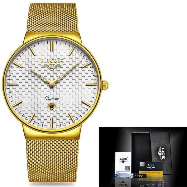 Planet Gates Steel gold white Mens Watches Top Brand Luxury Ultra Thin Quartz Watch Men Steel Mesh Strap Waterproof Gold Watch Relogio Masculino