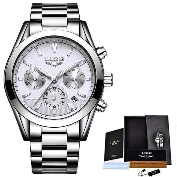 Planet Gates steel silver white Mens Watches Top Brand Luxury Fashion Business Quartz Watch Men Waterproof Full steel Sport Watch
