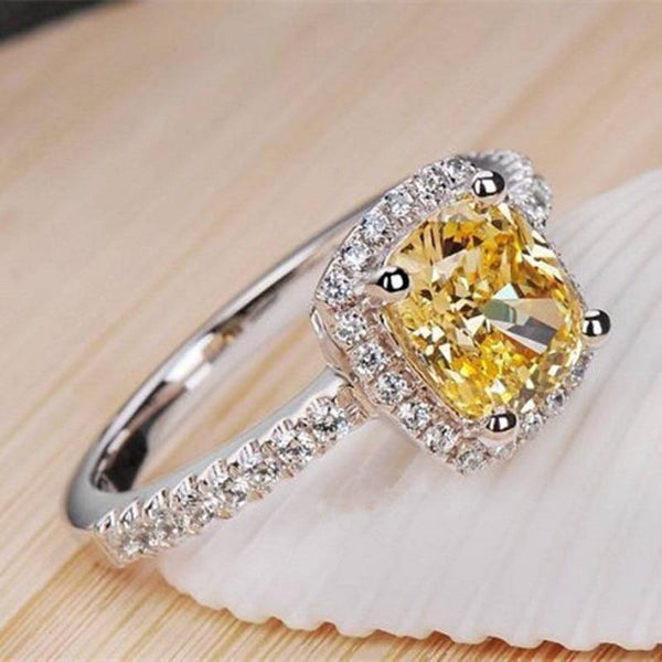 Planet Gates Sterling Silver Wedding Rings for Women Princess-cut Yellow 5a CZ Engagement Ring Simulated Diamond Platinum Jewelry