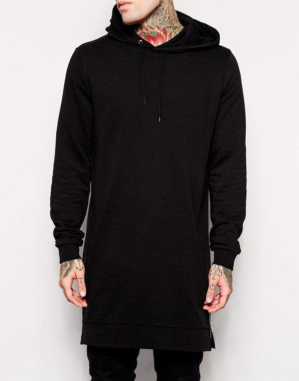 Planet Gates Streetwear Men's Long Black Hoodies Sweatshirts Feece extra long Hoody Side Zip Longline Hip Hop elongated for men Hoodie