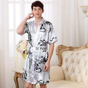 Planet Gates style 1 / M Men Kimono Robe Faux Silk Bath Gown Sleepwear Lounge Casual Silky Nightwear Female Dress M-XXL