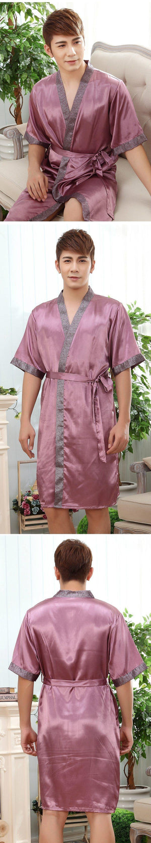 Planet Gates style 1 / M Men Kimono Robe Faux Silk Bath Gown Sleepwear Lounge Casual Silky Nightwear Female Dress M-XXL