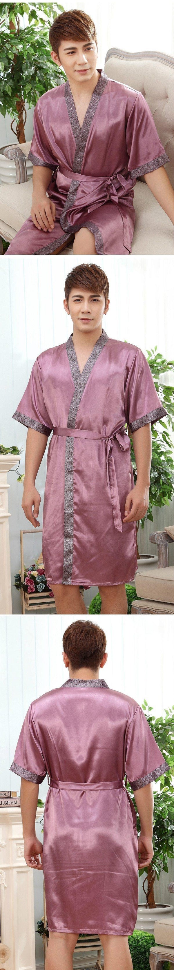 Planet Gates style 1 / M Men Kimono Robe Faux Silk Bath Gown Sleepwear Lounge Casual Silky Nightwear Female Dress M-XXL